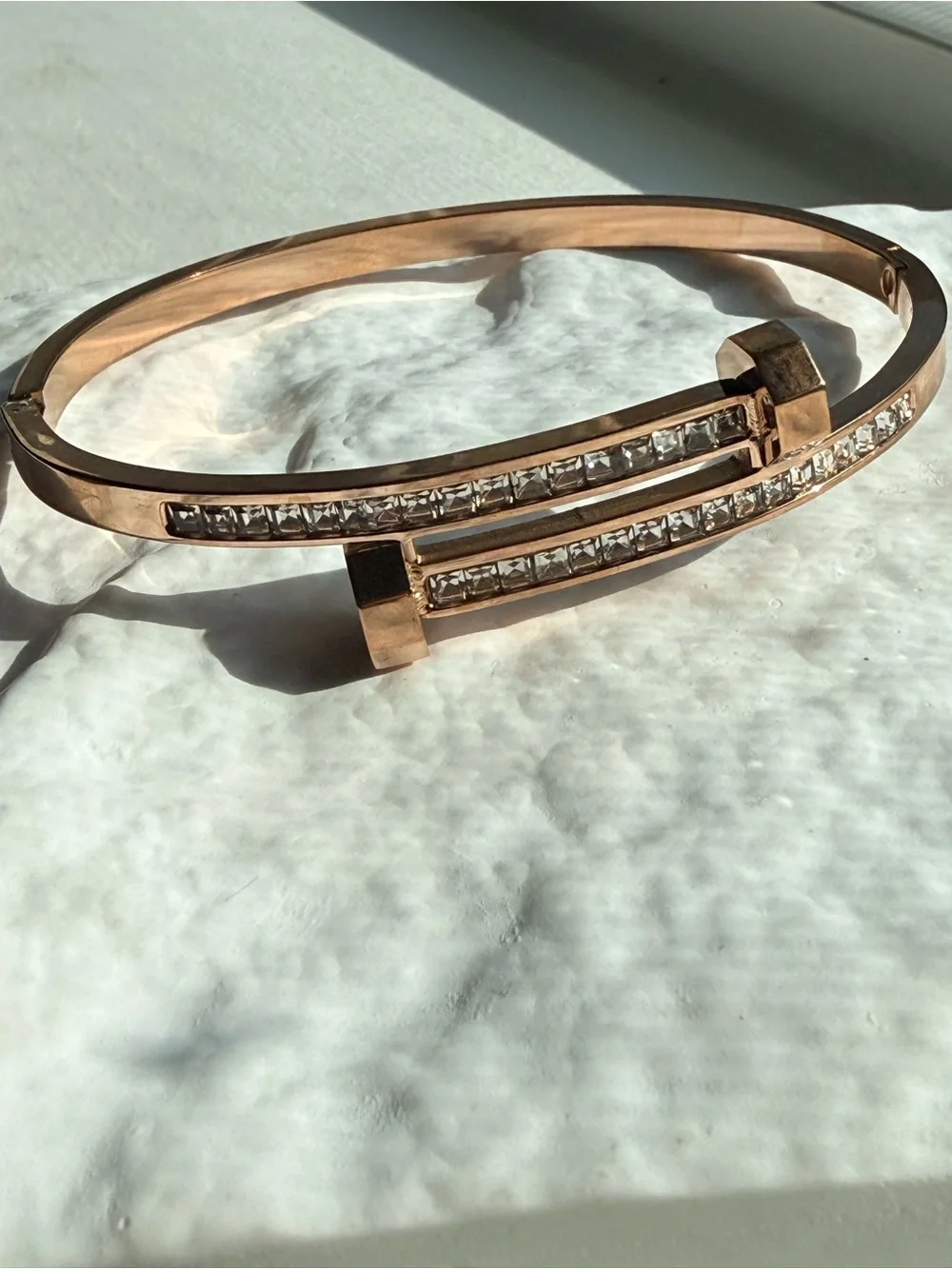 Rose Gold Plated Crystal Accent Open Bangle Bracelet size 7
